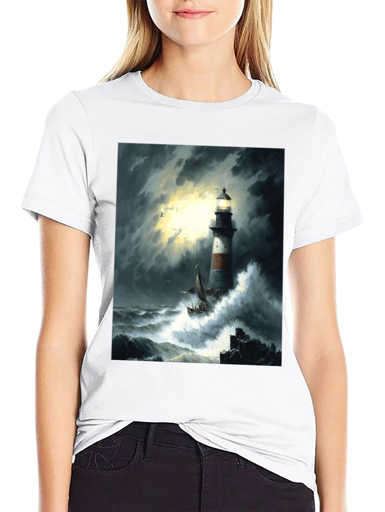 Stormy Seas Lighthouse Graphic Tee