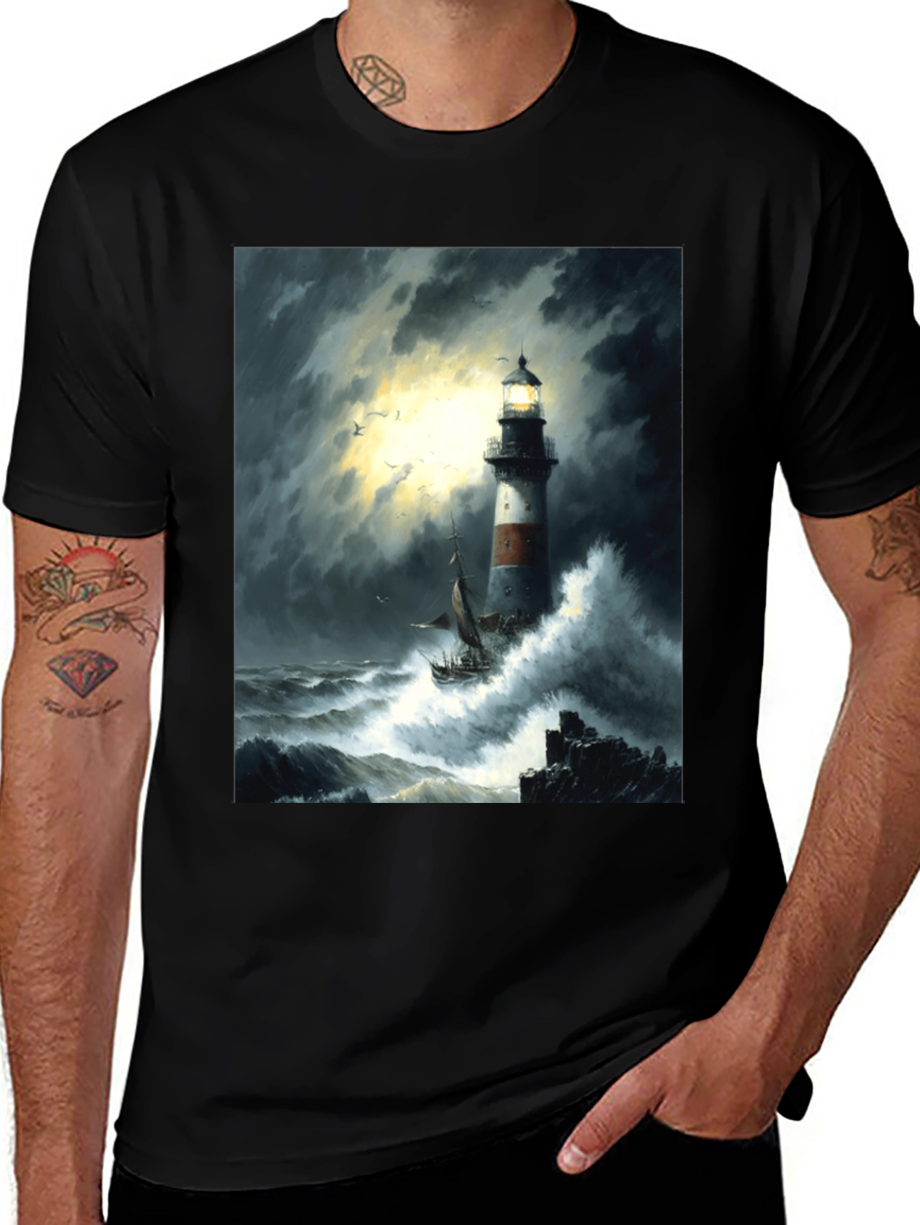 Stormy Seas Lighthouse Graphic Tee