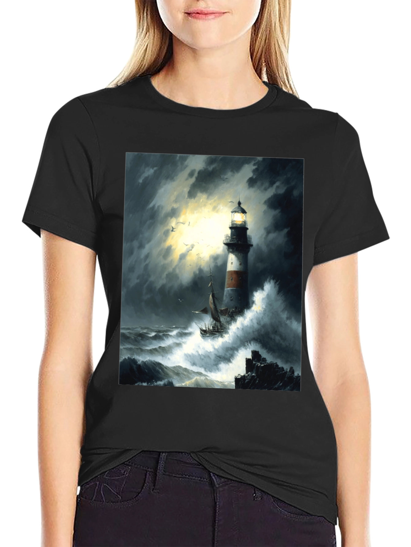 Stormy Seas Lighthouse Graphic Tee
