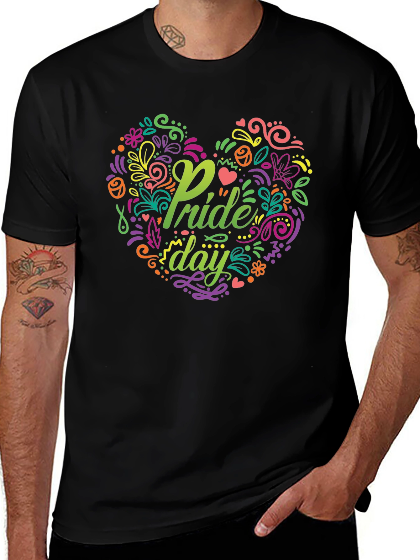 Pride Day Floral Heart Black T-Shirt
