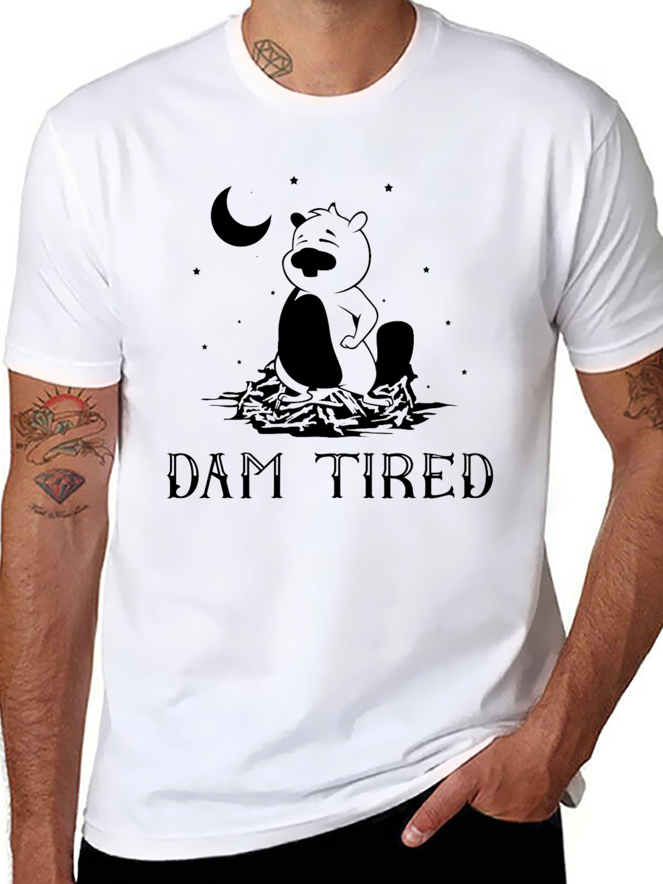 Dam Tired Beaver Graphic Tee - Funny Mens T-Shirt