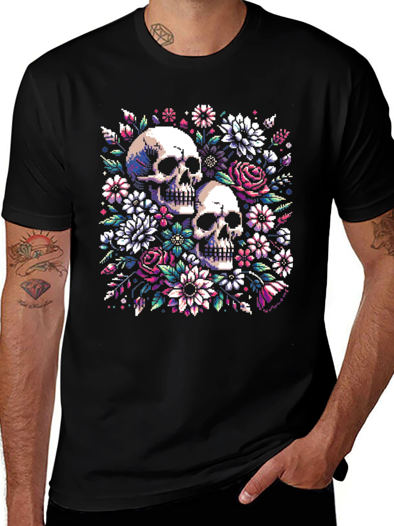 Floral Skull Pixel Art Black T-Shirt