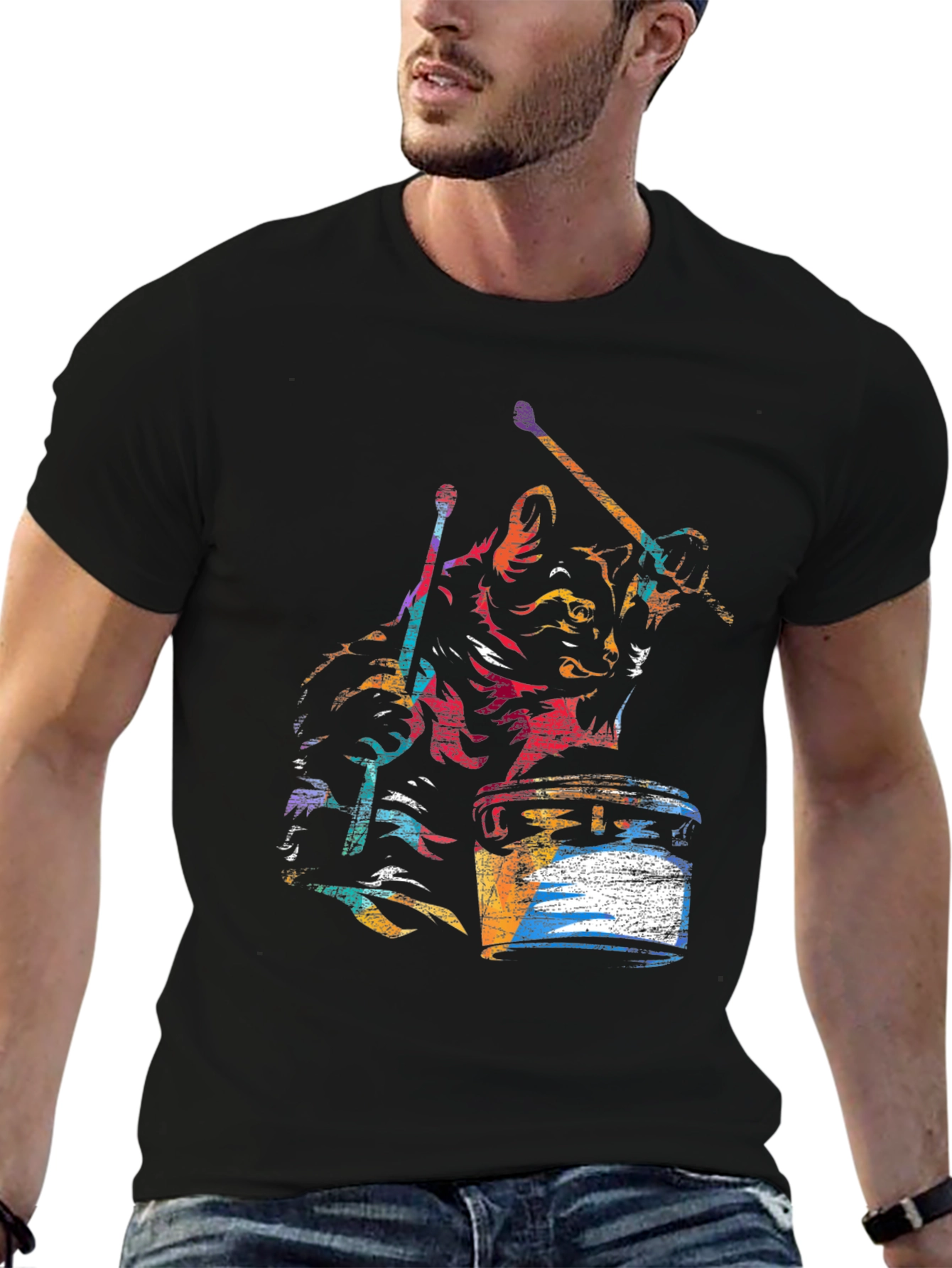 Cat Drummer Graphic T-Shirt - Black Cotton Tee