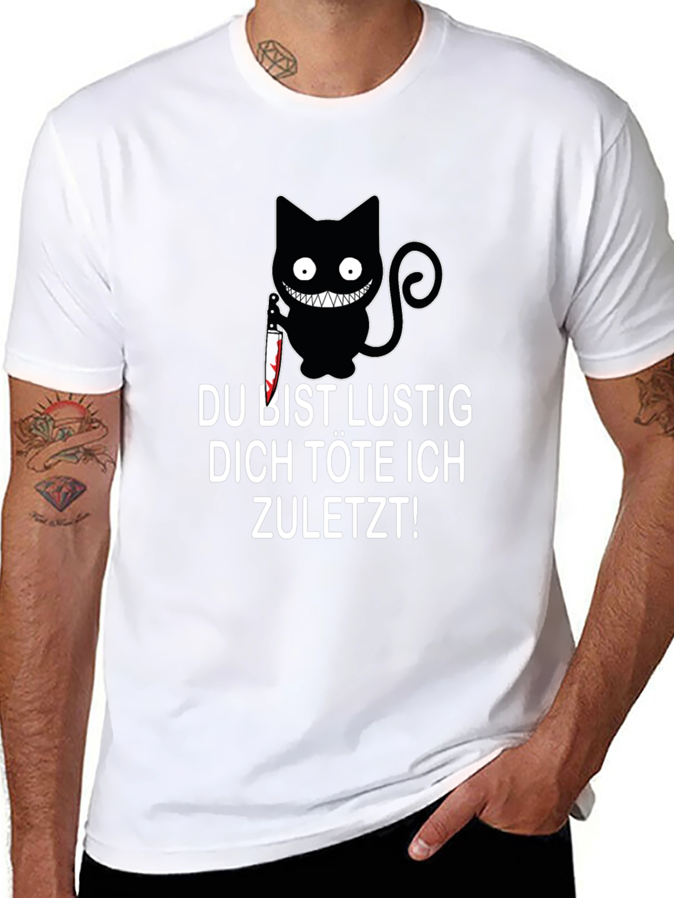 Du Bist Lustig T-Shirt - Cat with Knife Design