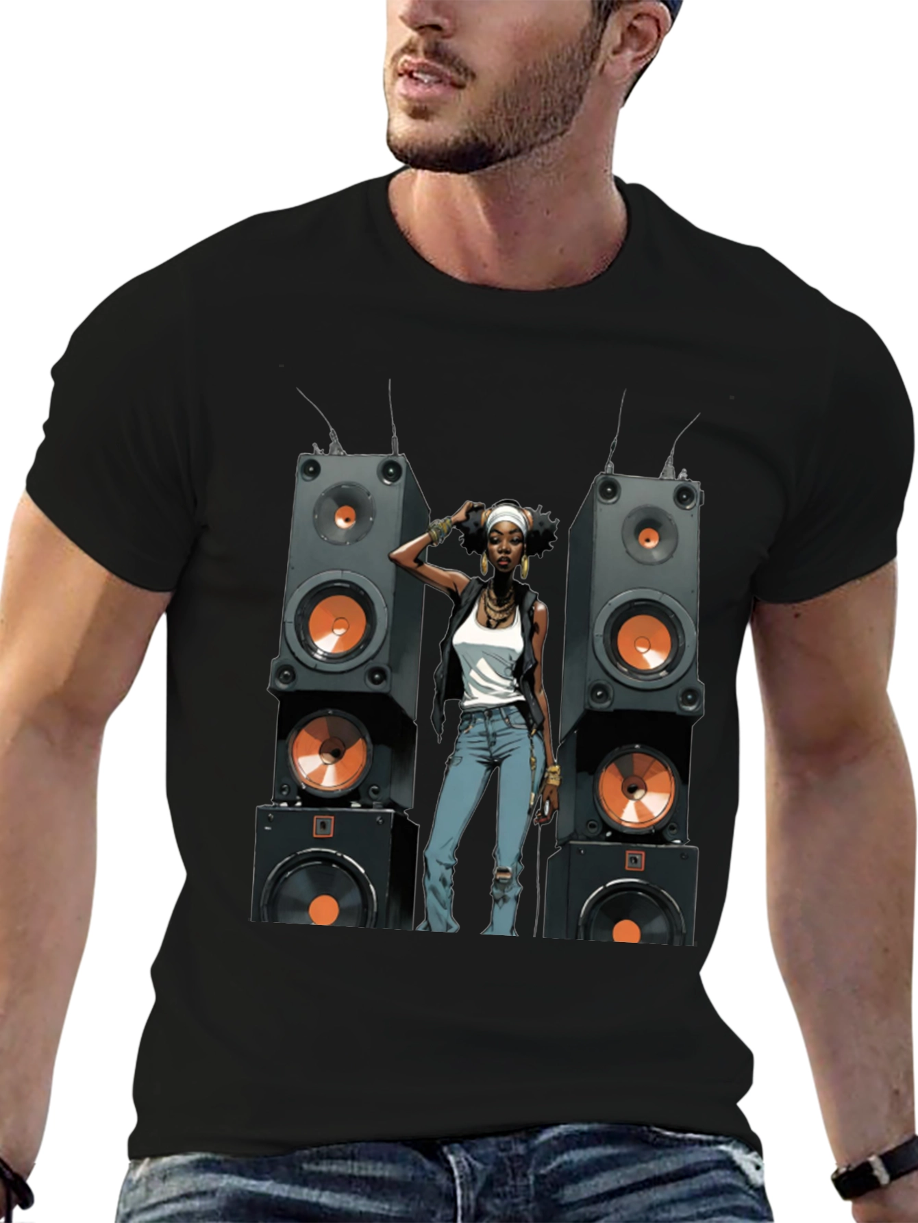 Black Graphic Tee: Woman & Speakers