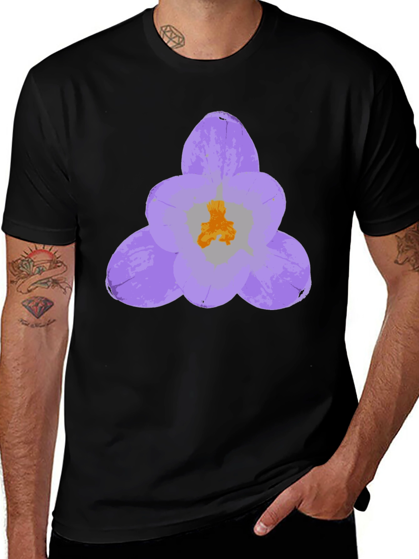 Black T-Shirt with Lavender Crocus Flower Design