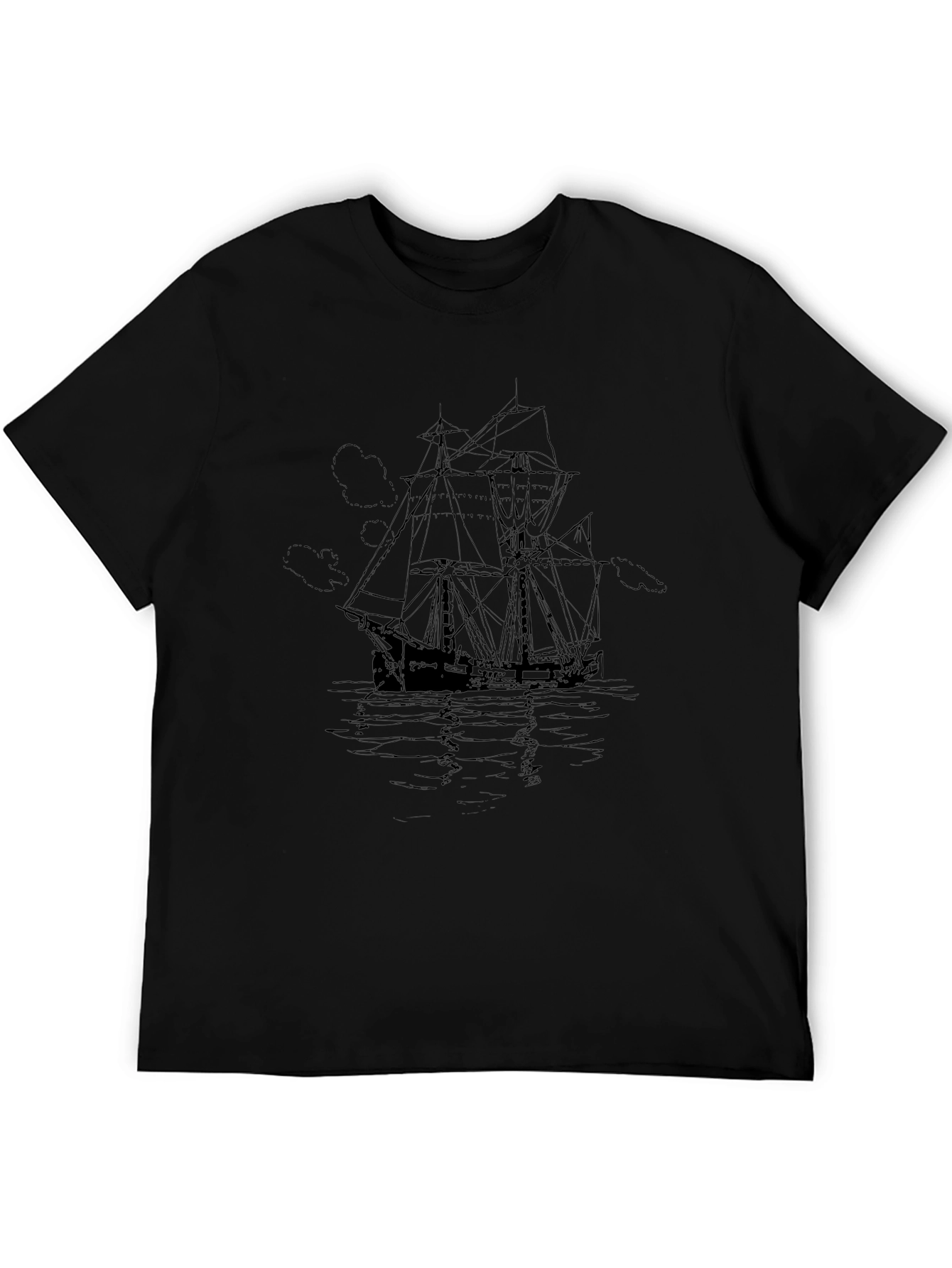 Nautical Ship Graphic Tee - Black Cotton T-Shirt