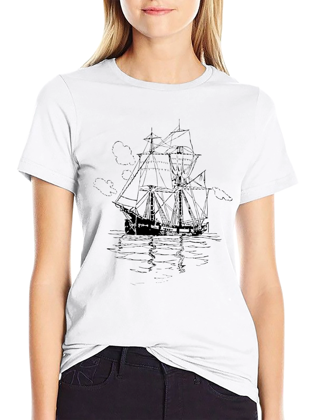 Nautical Ship Graphic Tee - Black Cotton T-Shirt