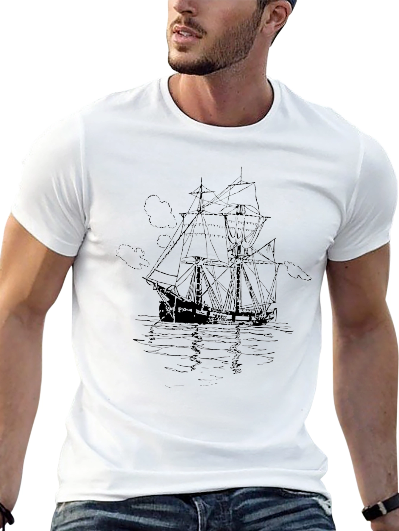 Nautical Ship Graphic Tee - Black Cotton T-Shirt