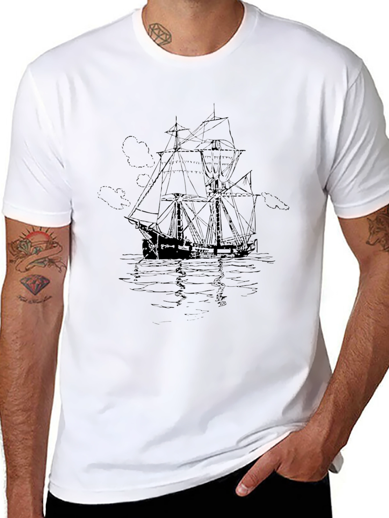 Nautical Ship Graphic Tee - Black Cotton T-Shirt