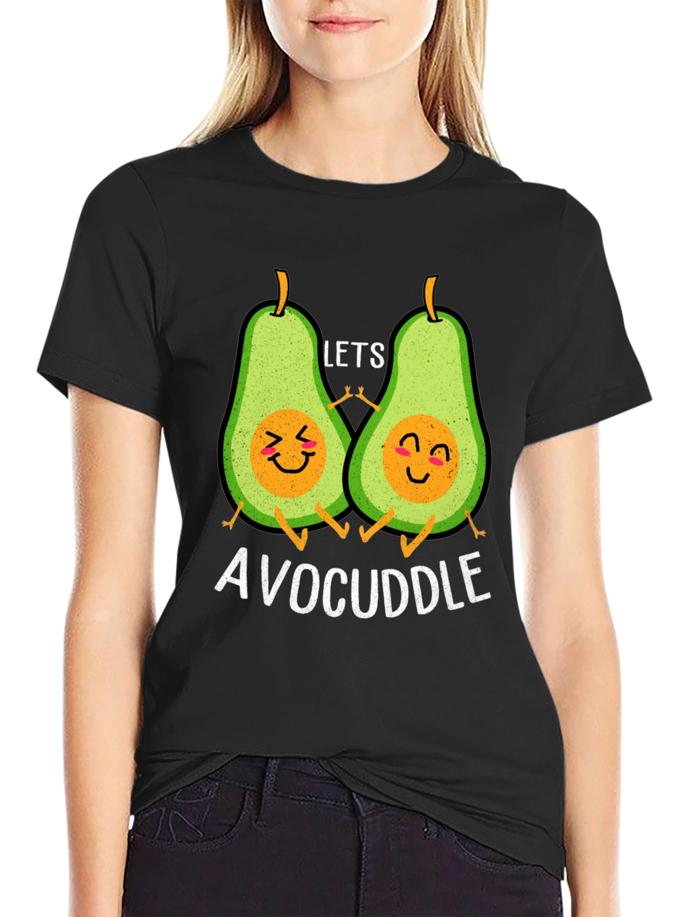 Avocuddle Black T-Shirt: Cute Avocado Cartoon Graphic Tee