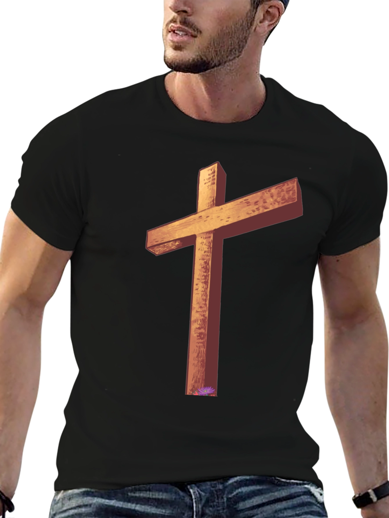 Wooden Cross Graphic Tee - Black Casual T-Shirt