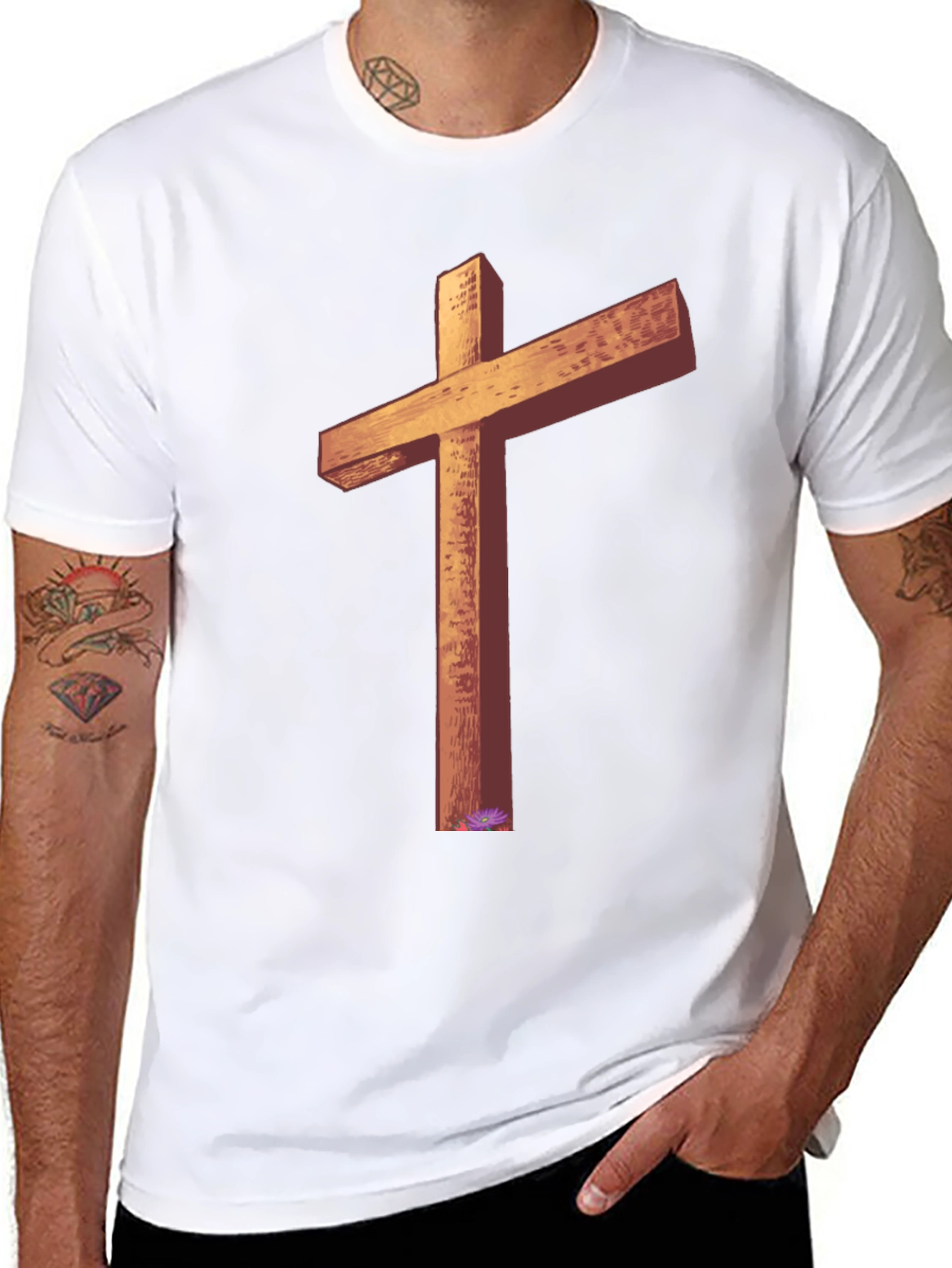 Wooden Cross Graphic Tee - Black Casual T-Shirt