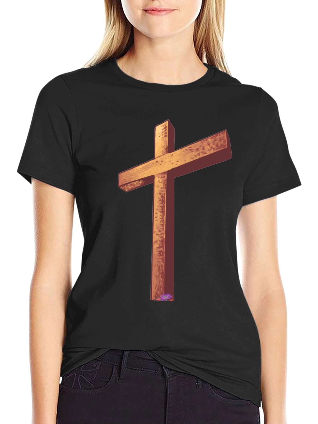 Wooden Cross Graphic Tee - Black Casual T-Shirt