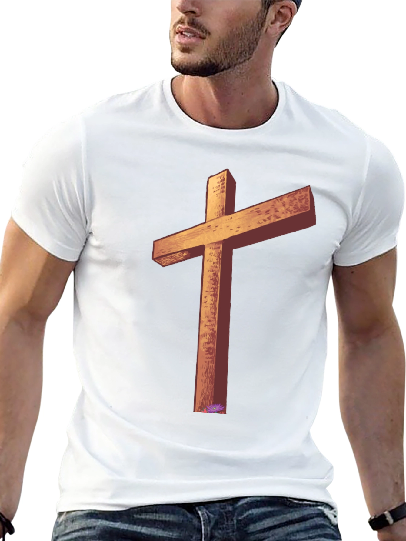 Wooden Cross Graphic Tee - Black Casual T-Shirt