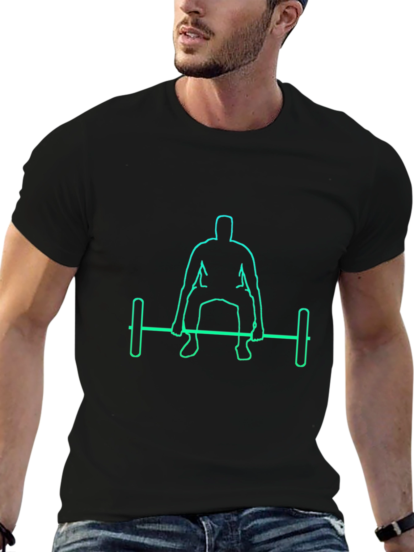 Black T-Shirt with Neon Weightlifter Graphic