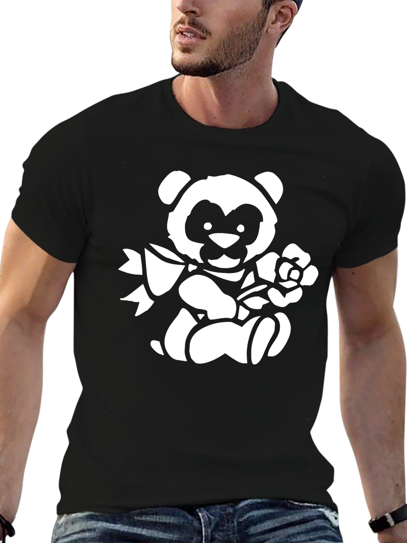 Cute Panda Bear Graphic Print T-Shirt - Black