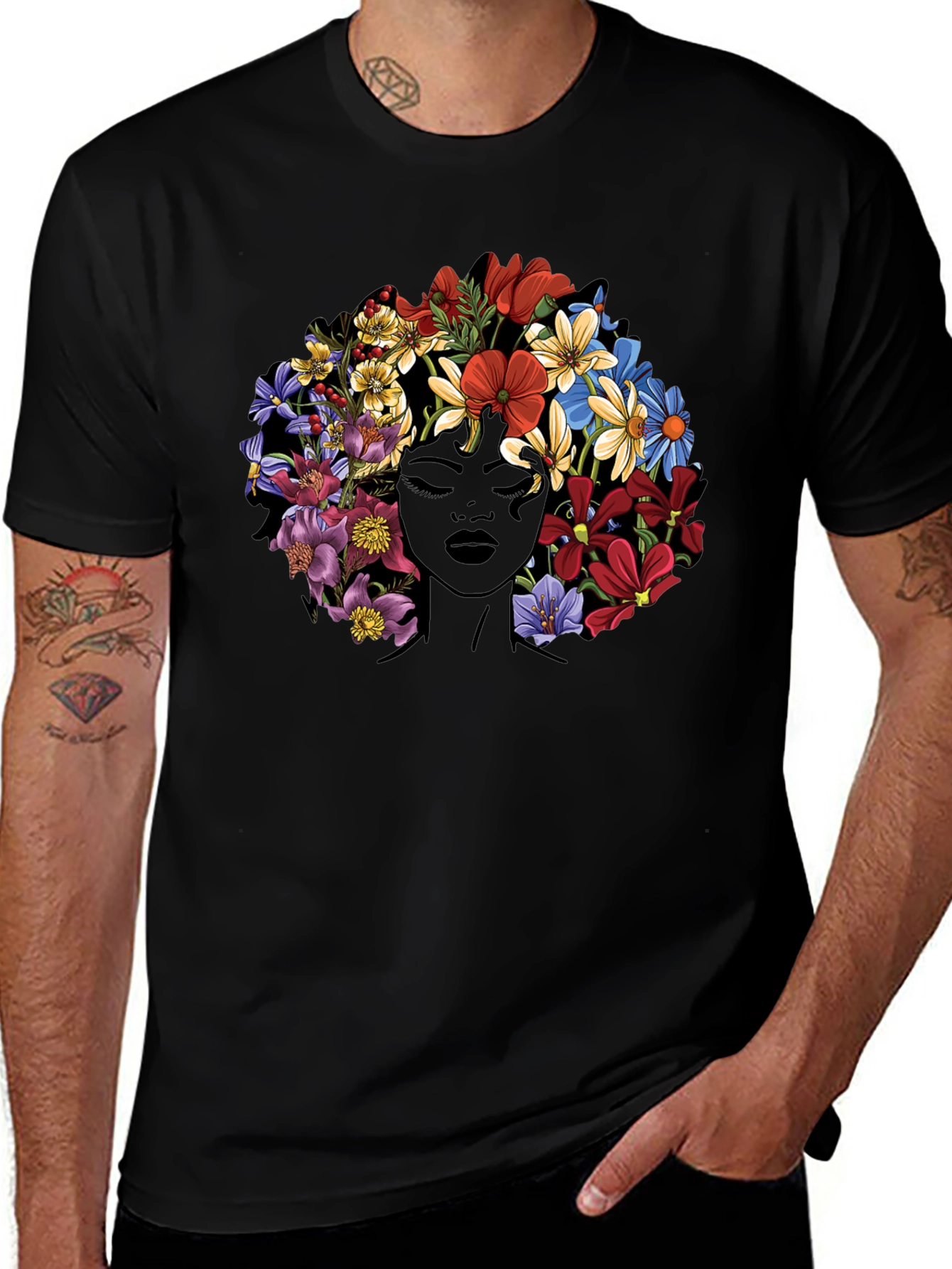 Floral Afro T-Shirt - Black Graphic Tee