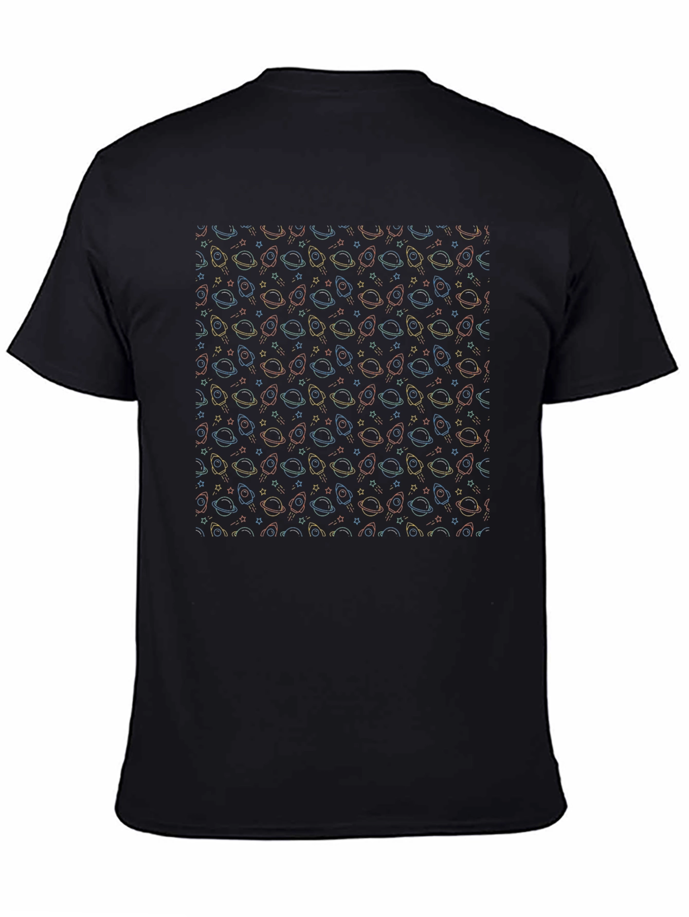 Cosmic Dreams T-Shirt - Space Pattern Black Tee