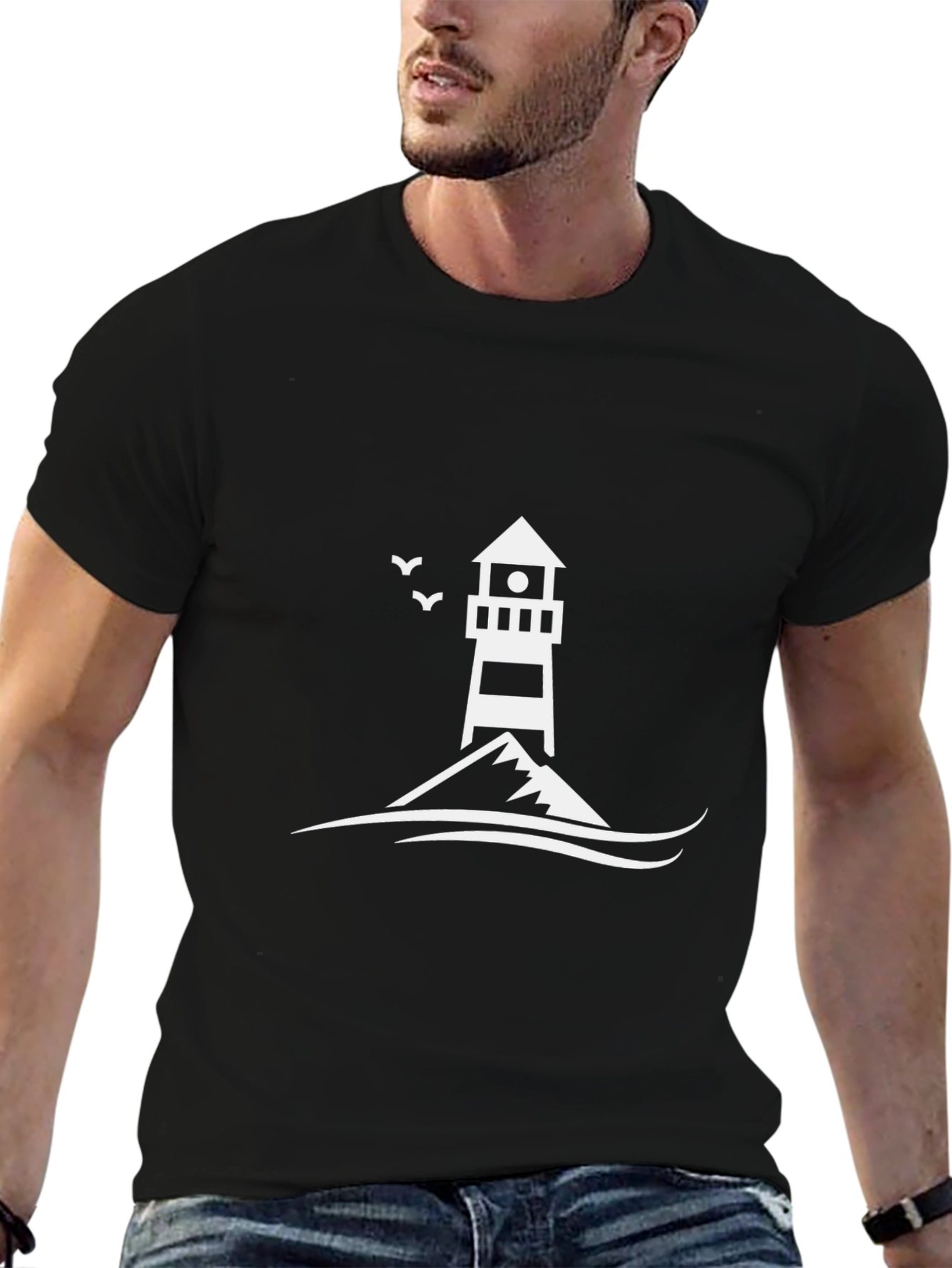 Lighthouse Graphic Tee - Black Cotton Casual Shirt