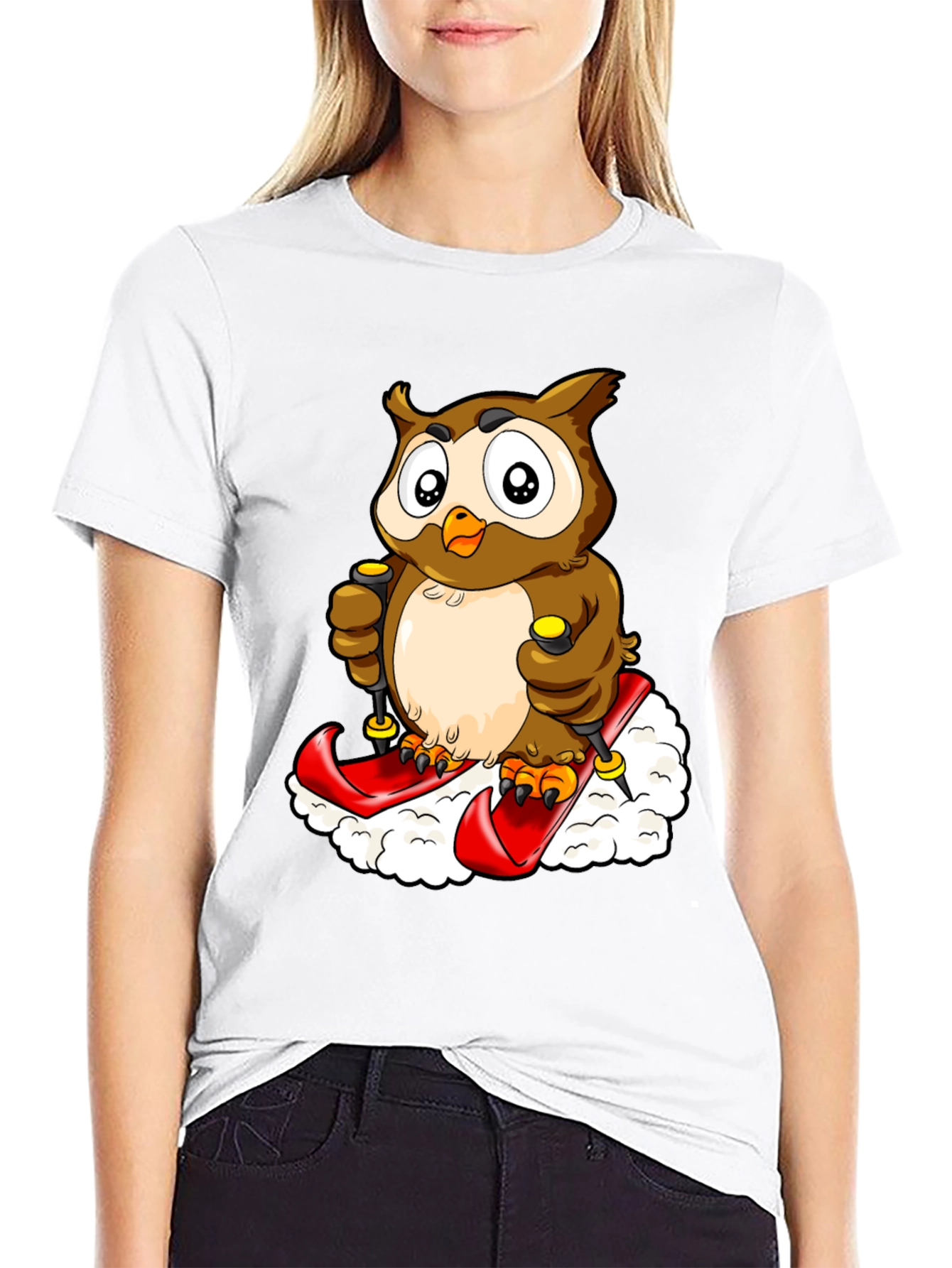 Owl Skiing Graphic Tee - Black