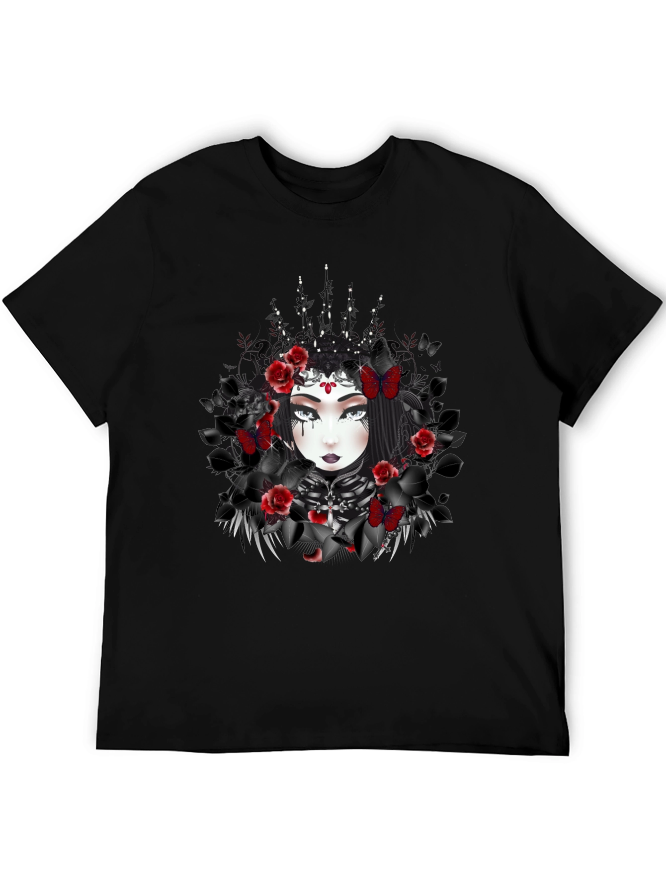 Gothic Queen T-Shirt: Dark Floral & Butterfly Design