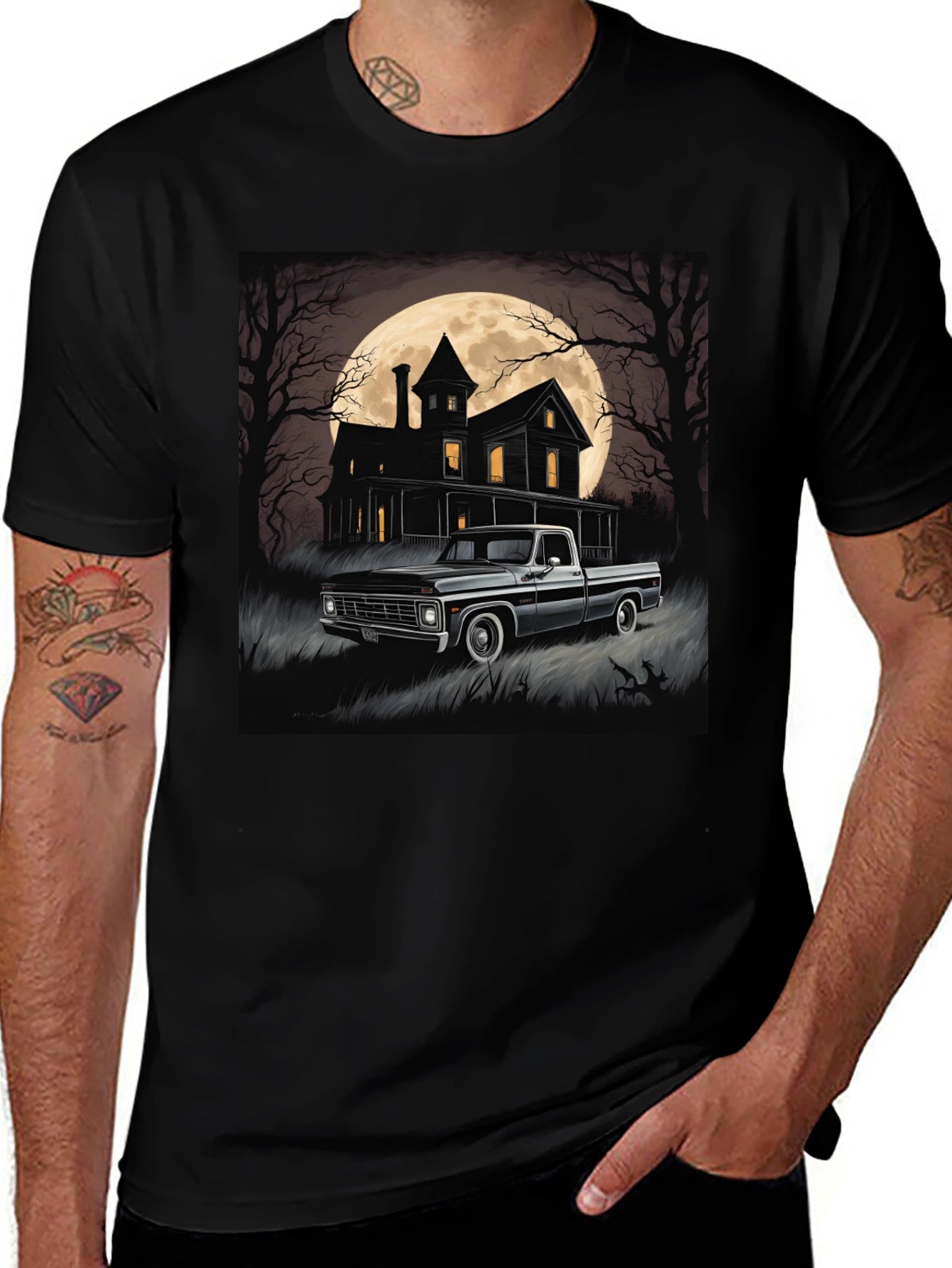 Spooky Truck & Haunted House Tee - Halloween Style