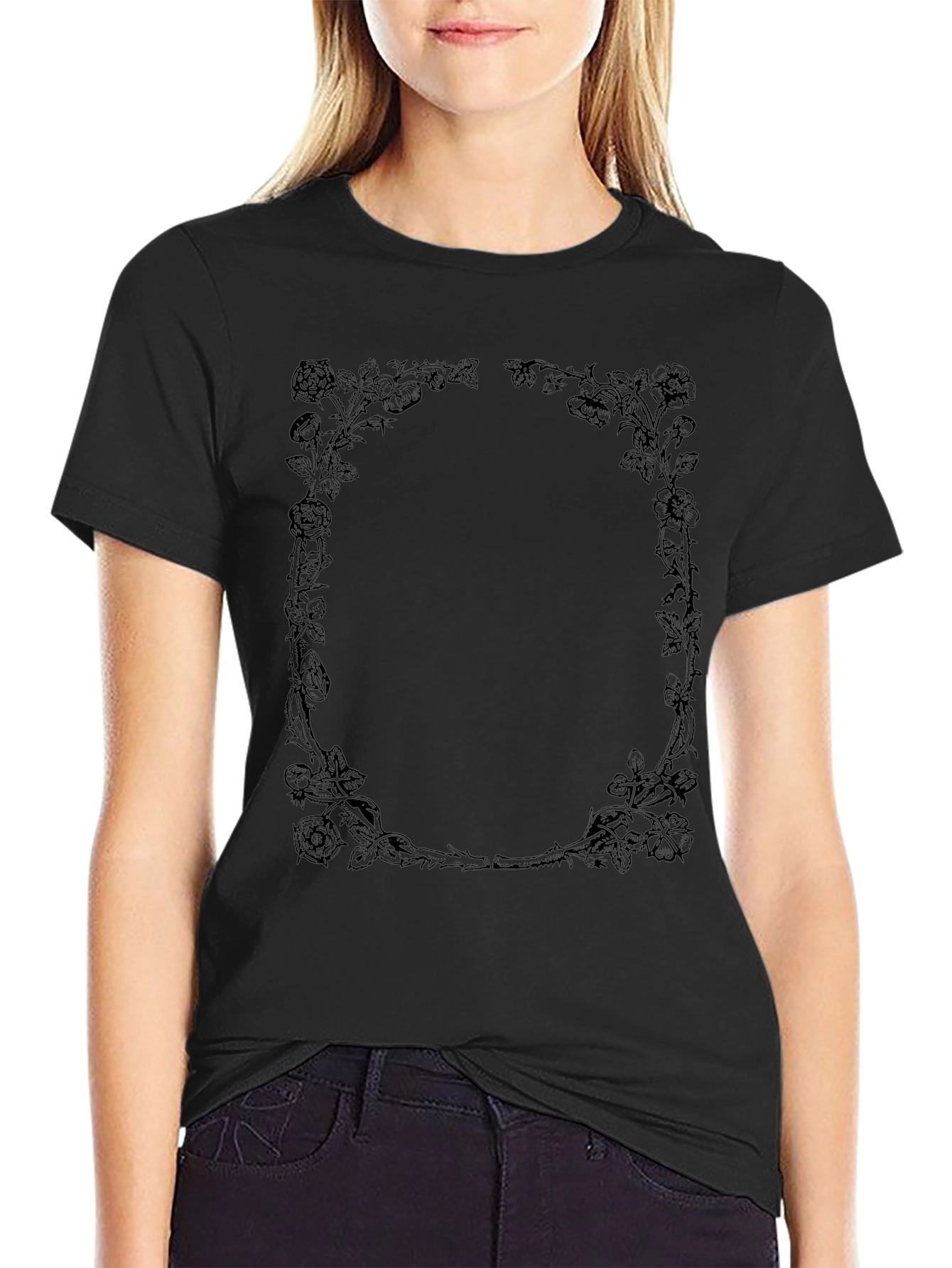 Rose Vine Graphic T-Shirt - Black Crew Neck