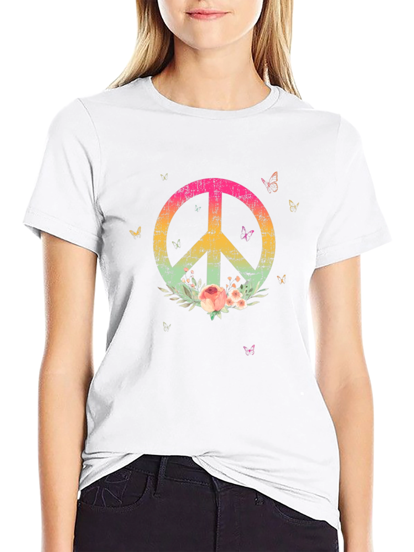 Floral Peace Sign Black Graphic T-Shirt