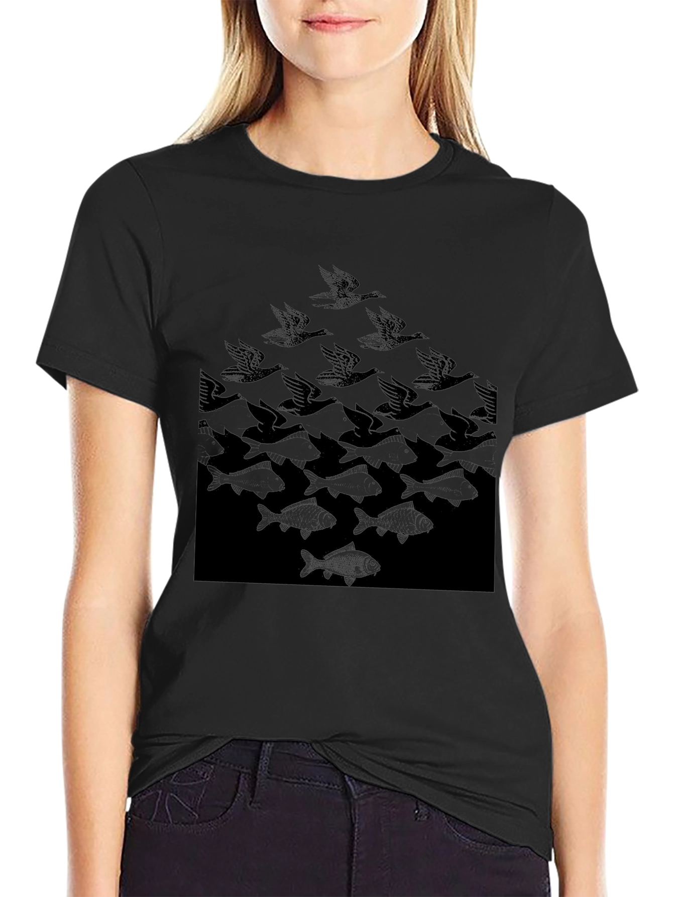 Escher Birds to Fish Graphic Tee - Black