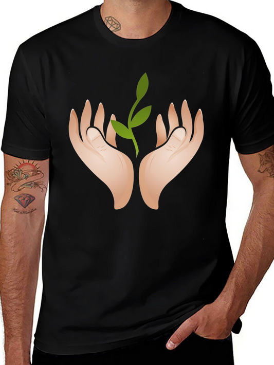 Hands Holding Sprout Graphic Black T-Shirt