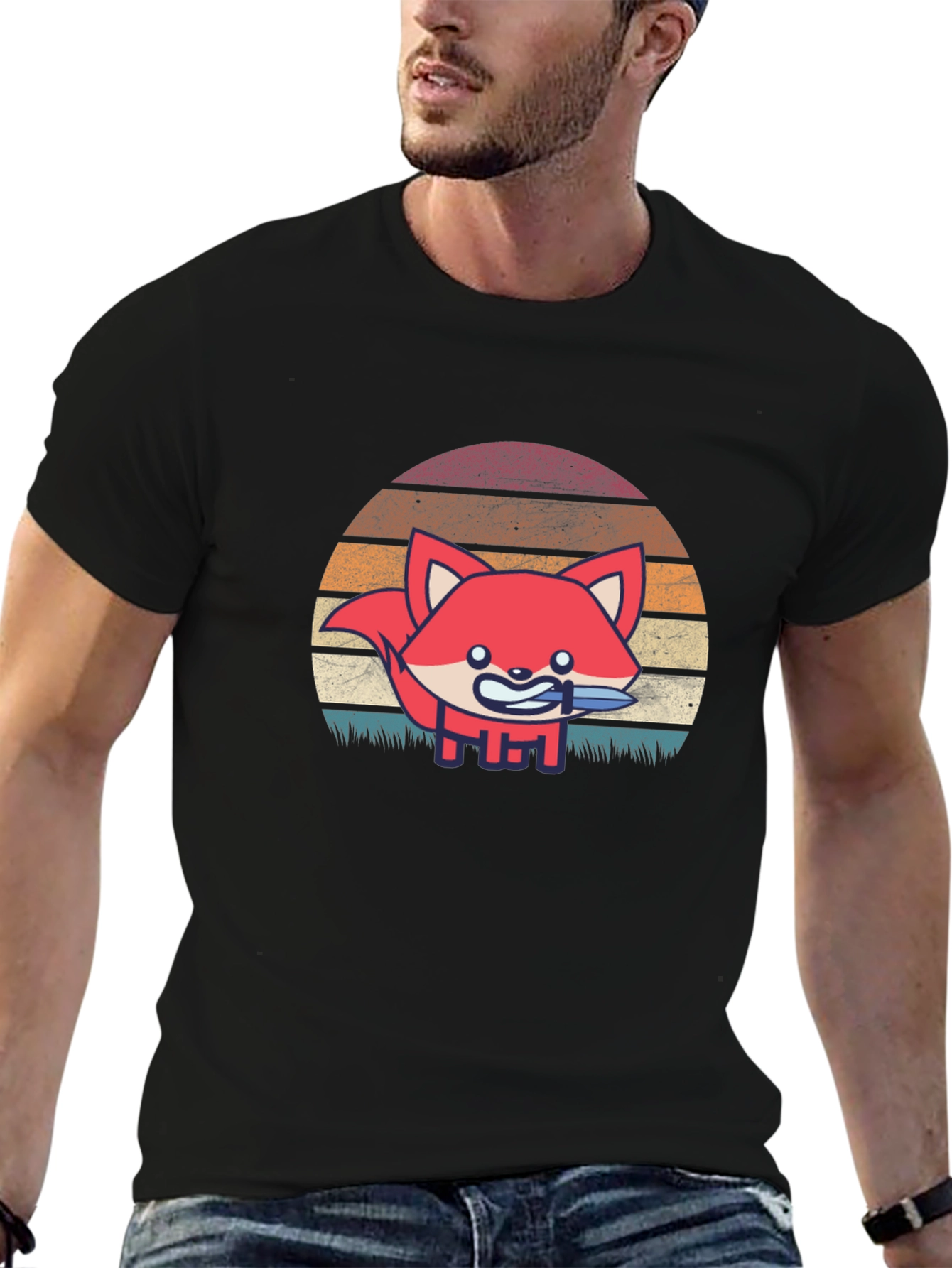 Fox With Knife Retro Style Graphic T-Shirt