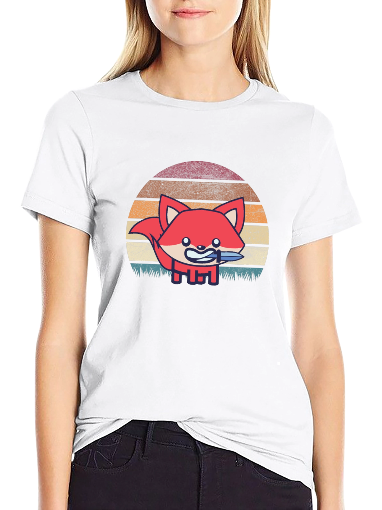 Fox With Knife Retro Style Graphic T-Shirt