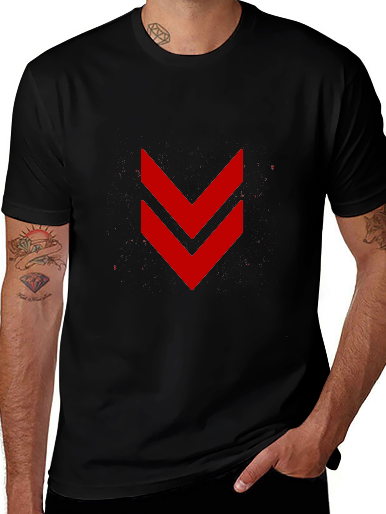 Modern Black Tee with Red Chevron Design