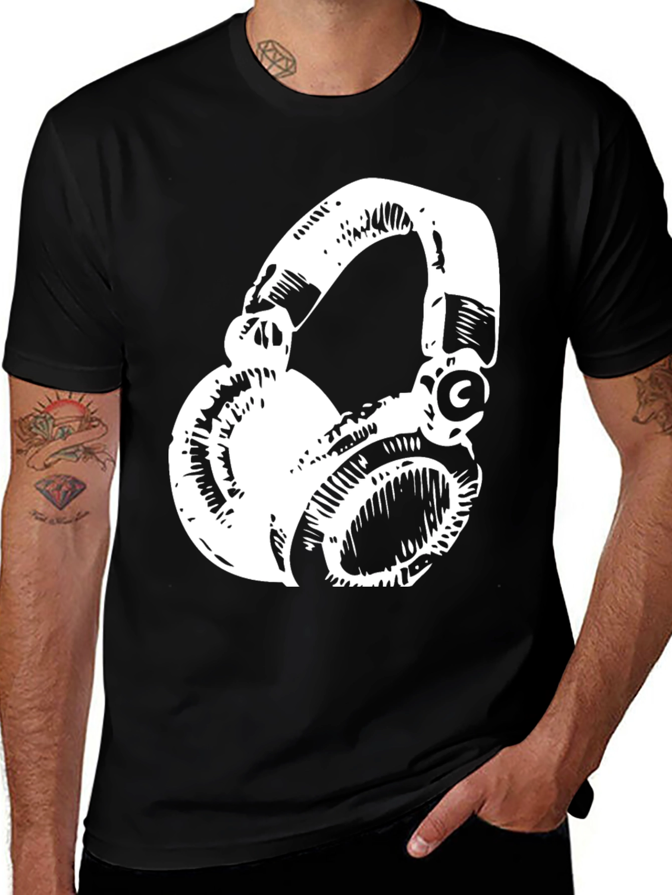 Stylish Black T-Shirt with White Headphones Graphic