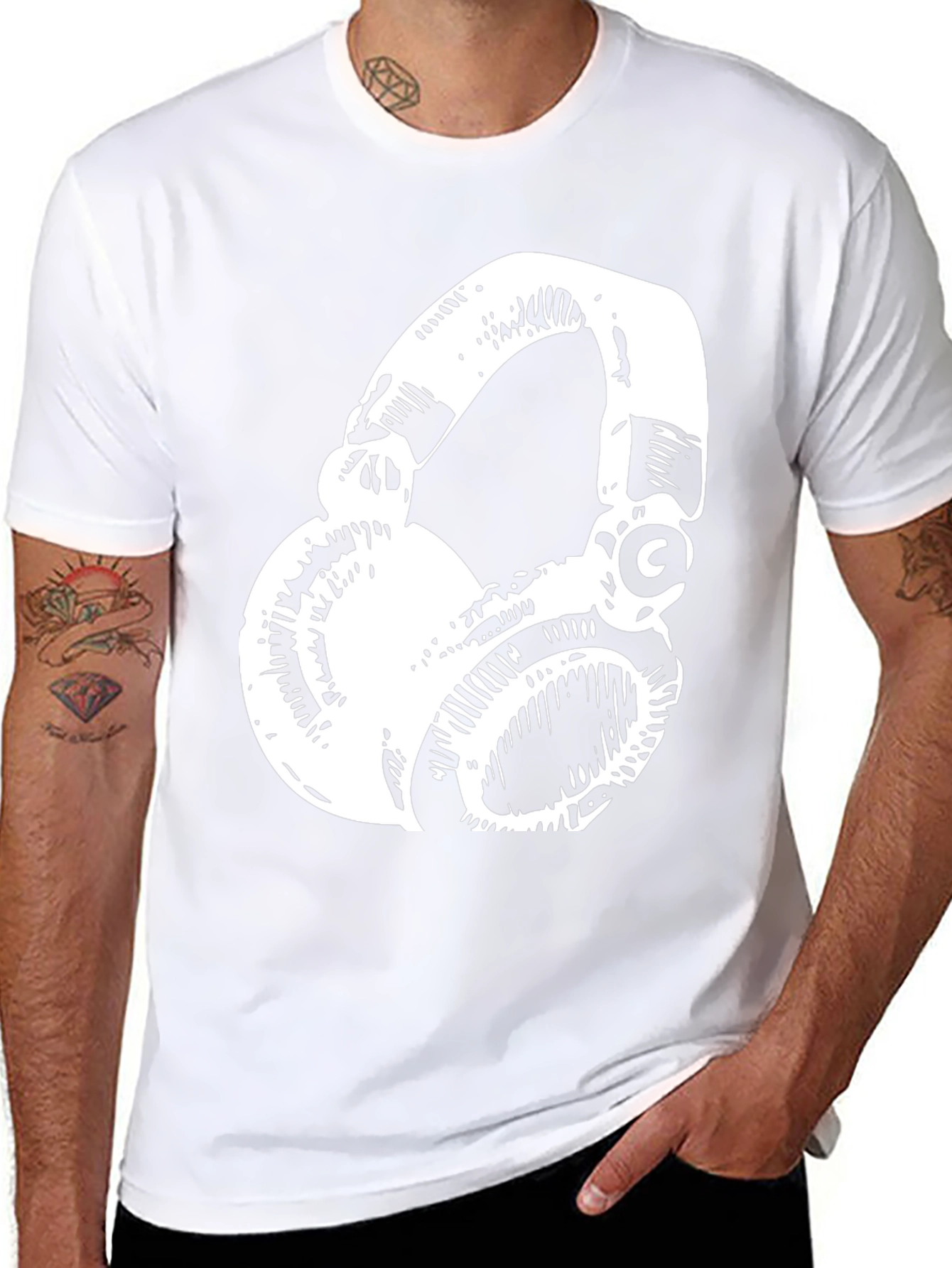 Stylish Black T-Shirt with White Headphones Graphic