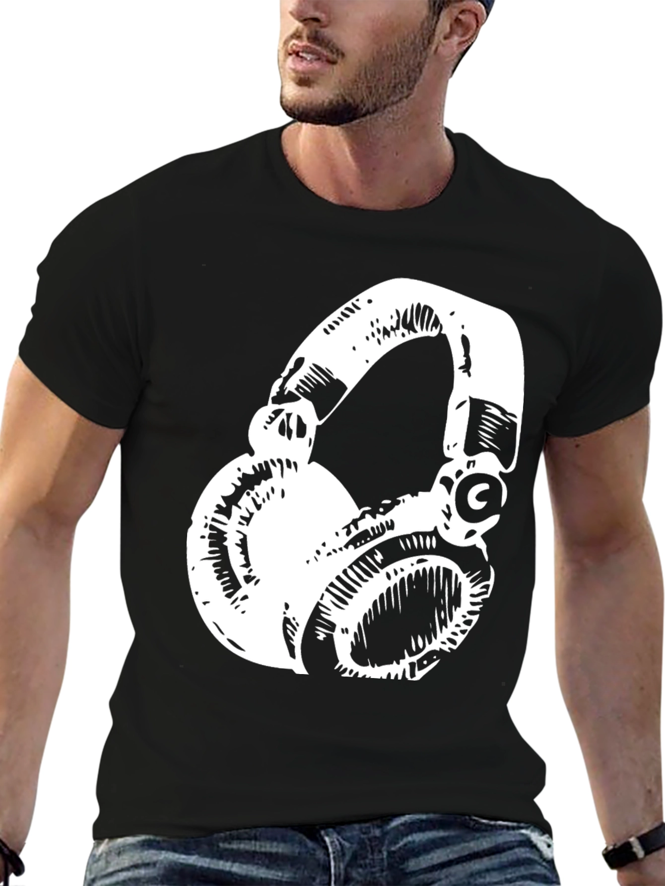 Stylish Black T-Shirt with White Headphones Graphic