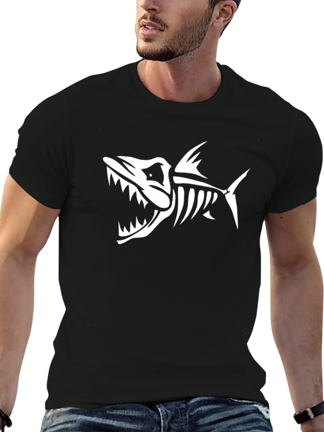 Black Tee with Fish Skeleton Print