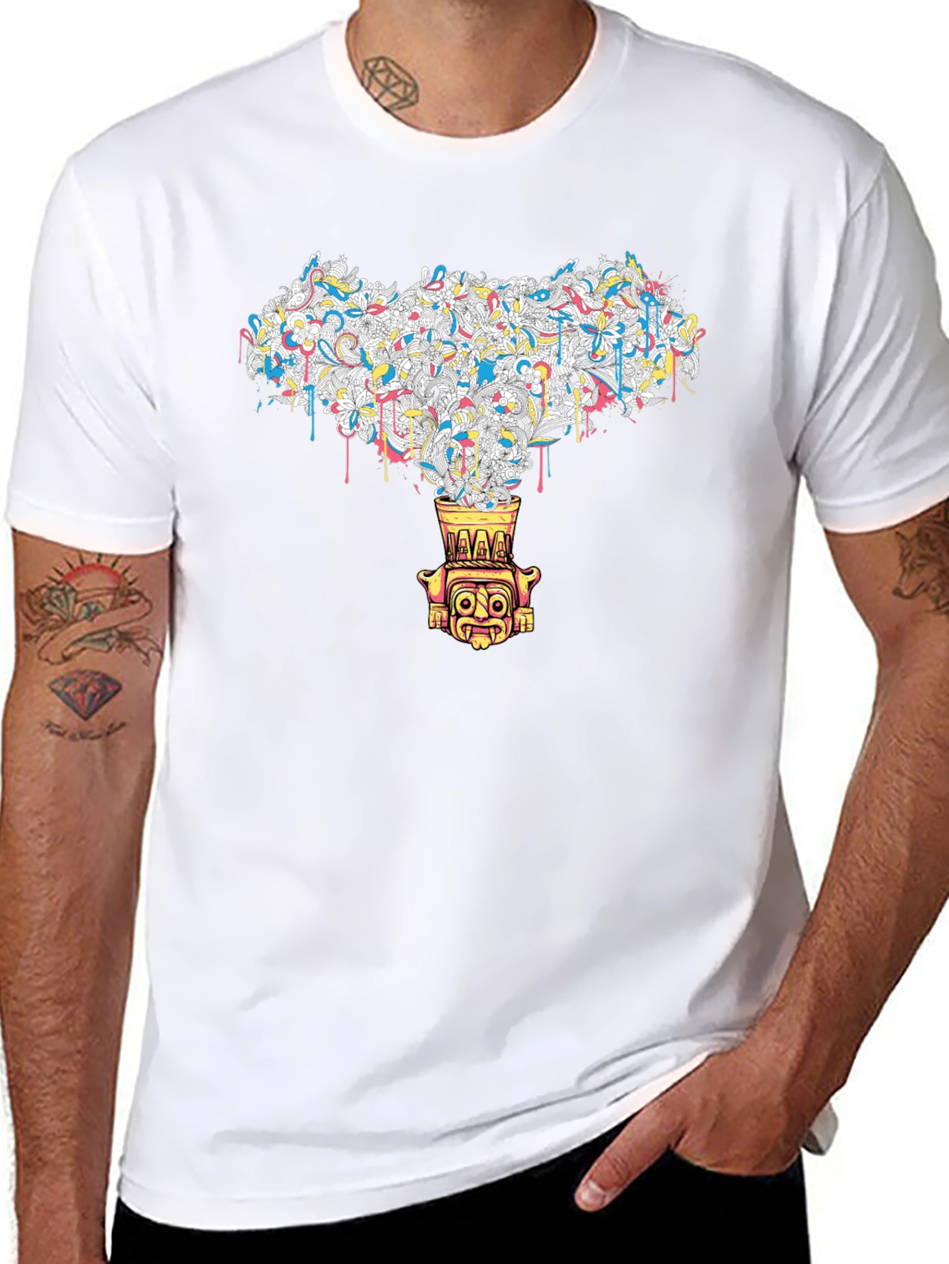 Black T-Shirt with Abstract Tiki Design