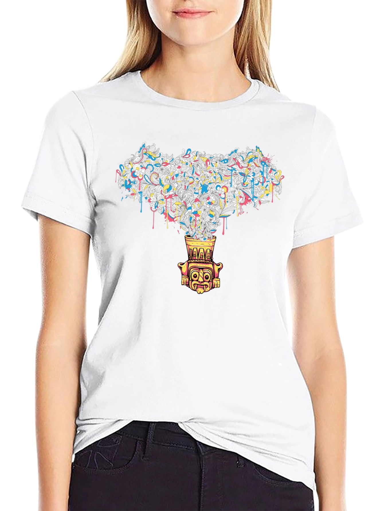 Black T-Shirt with Abstract Tiki Design