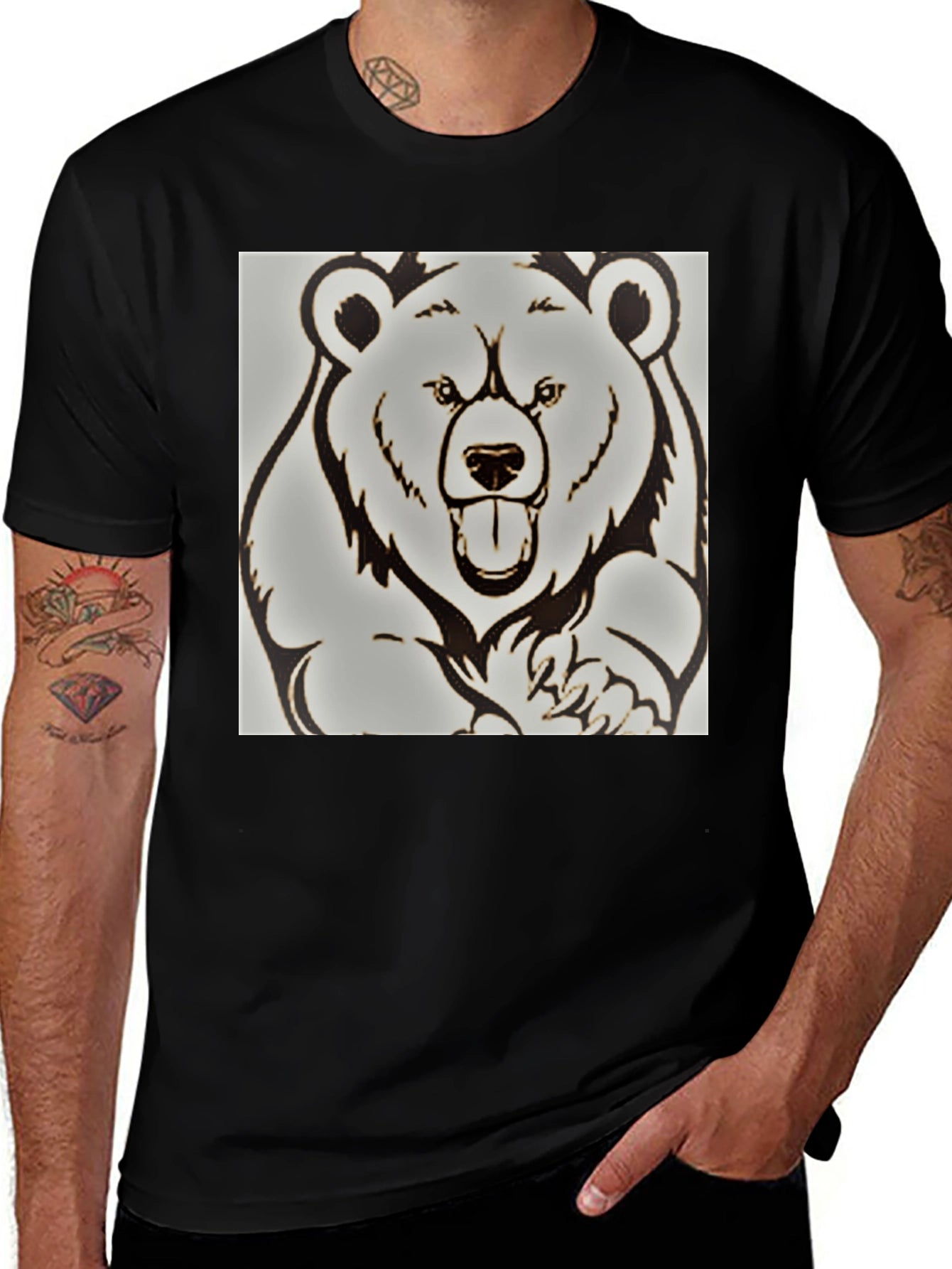 Bear Graphic Print Black T-Shirt