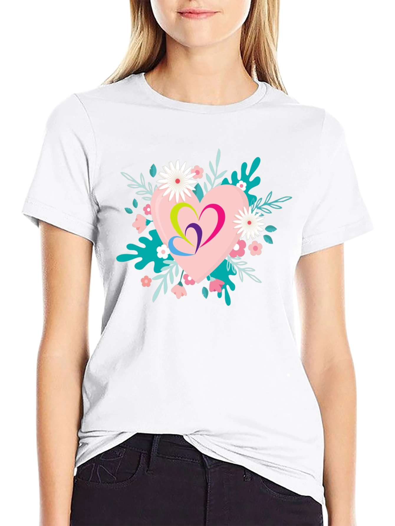 Floral Heart Graphic Black T-Shirt