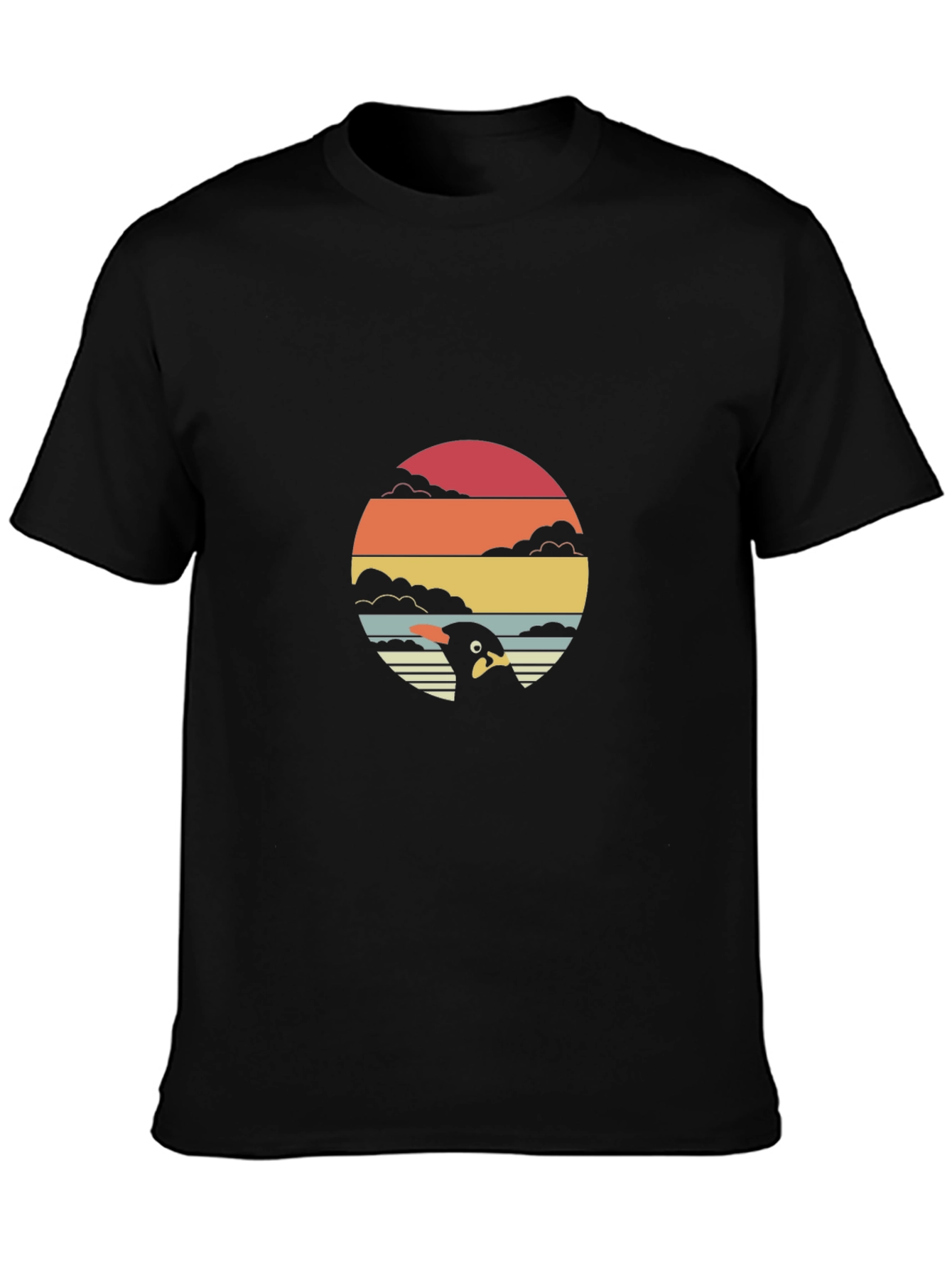 Retro Penguin Sunset Graphic Tee - Black
