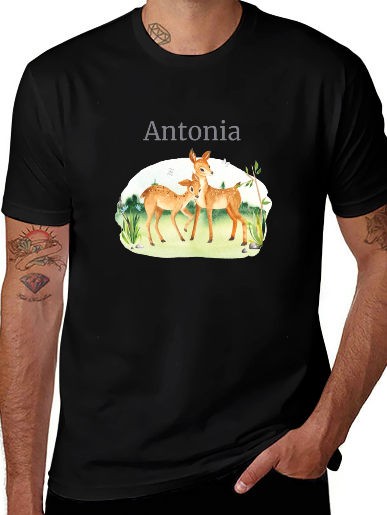 Personalized Deer Family Black T-Shirt