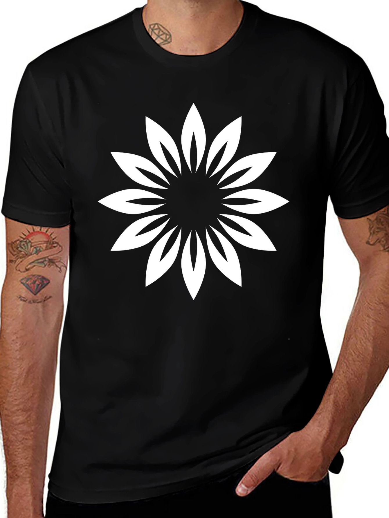 Black T-Shirt with White Floral Design