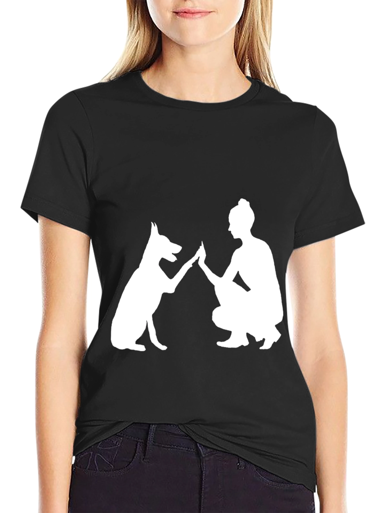 Dog & Woman High Five Graphic Tee - Black