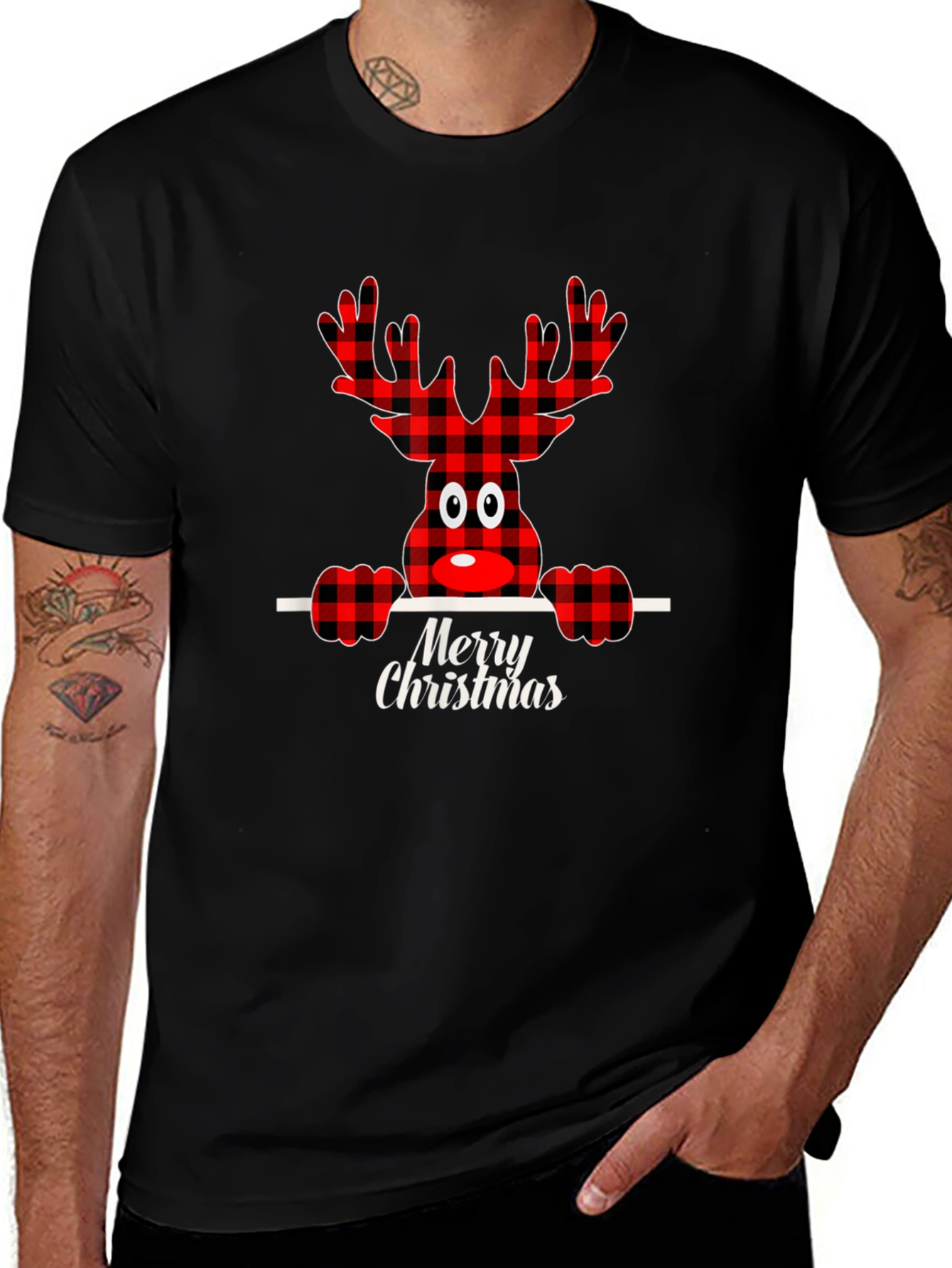 Festive Plaid Reindeer Merry Christmas T-Shirt