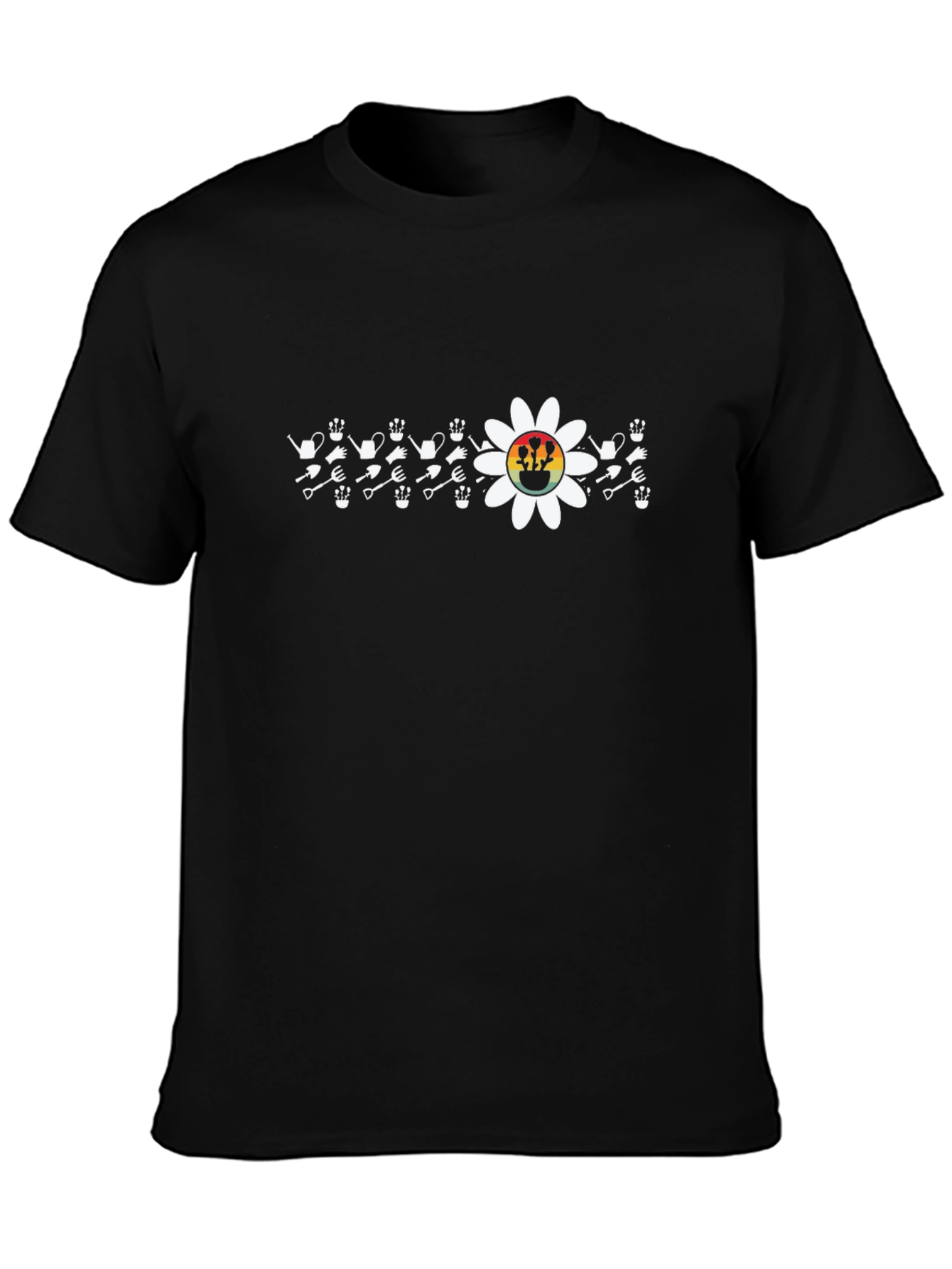 Gardening Tool & Flower Graphic T-Shirt - Black