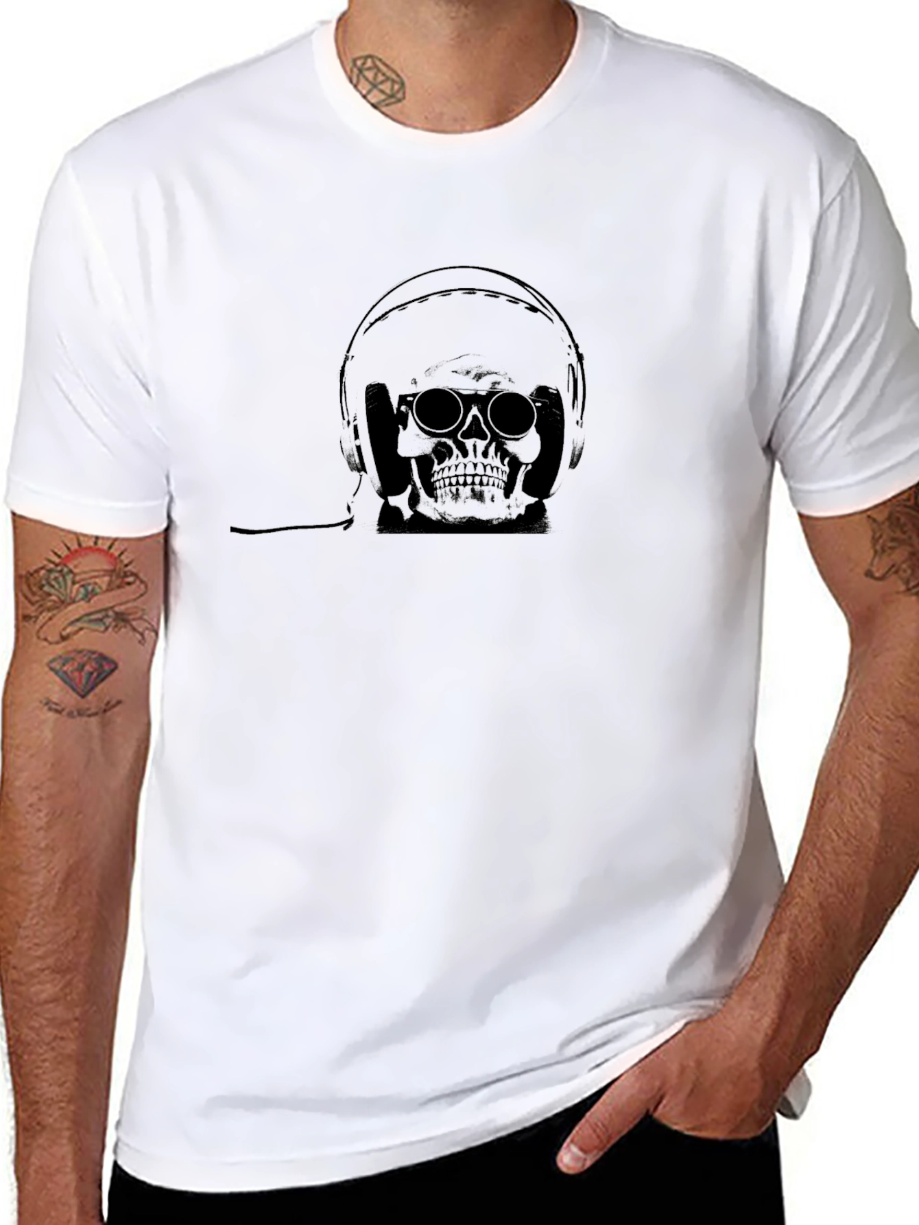 Skull Wearing Headphones Black T-Shirt