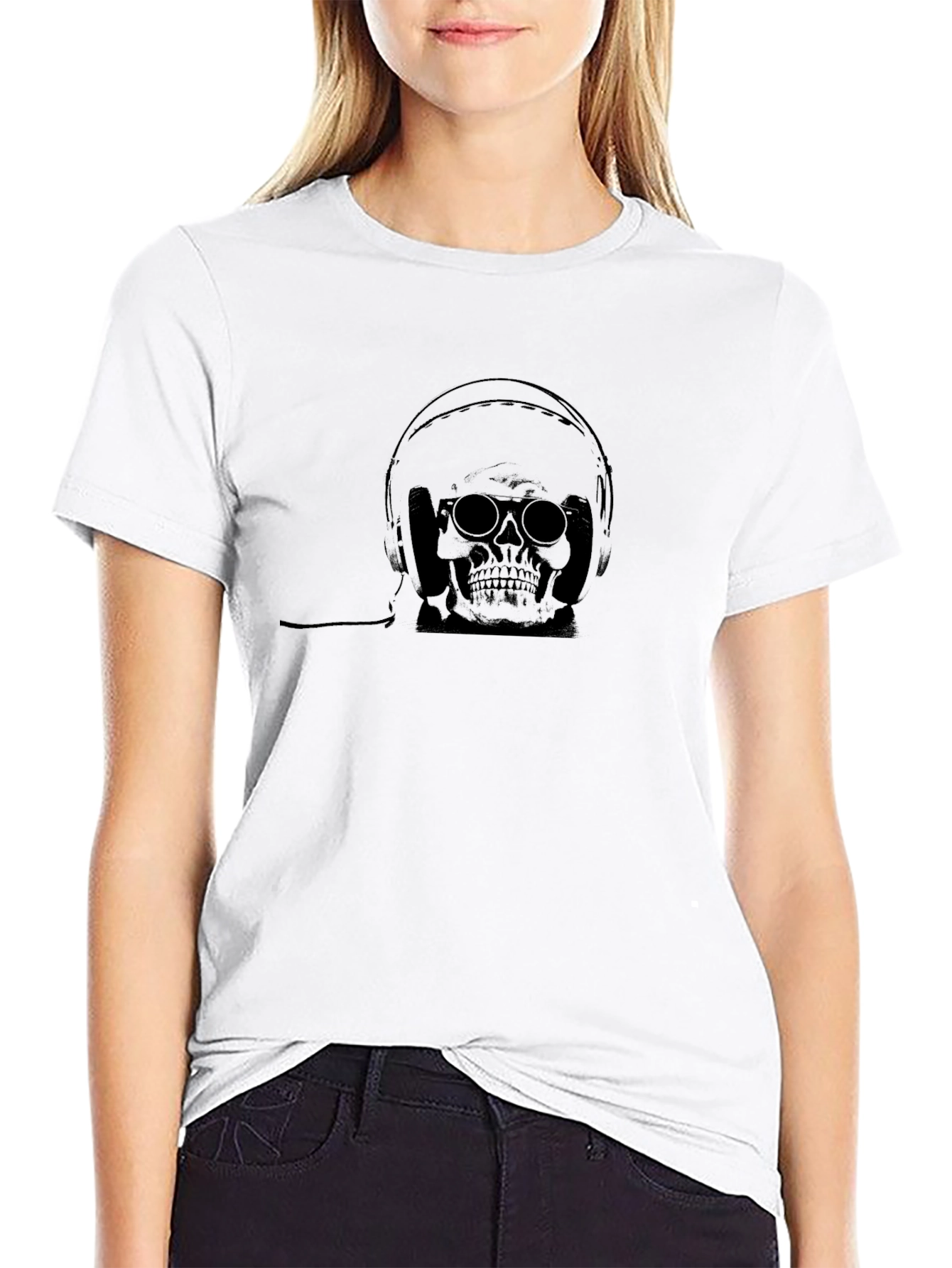 Skull Wearing Headphones Black T-Shirt